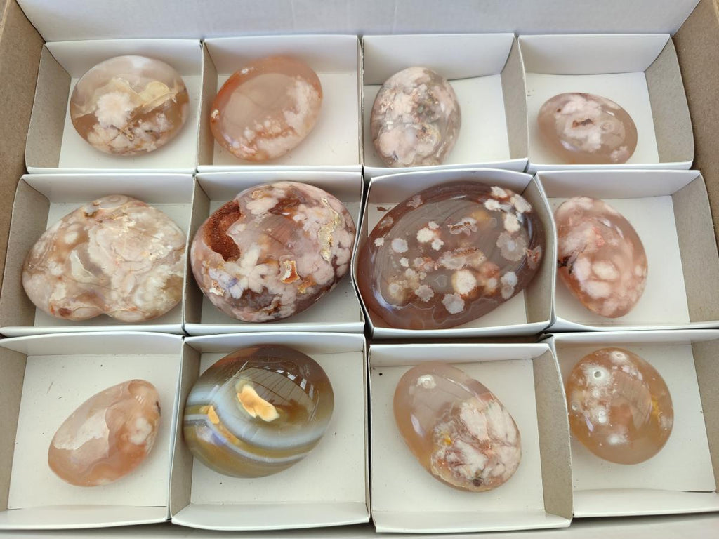 Polished Flower Agate Palm Stones and one Heart x 12 From Antsahalova, Madagascar