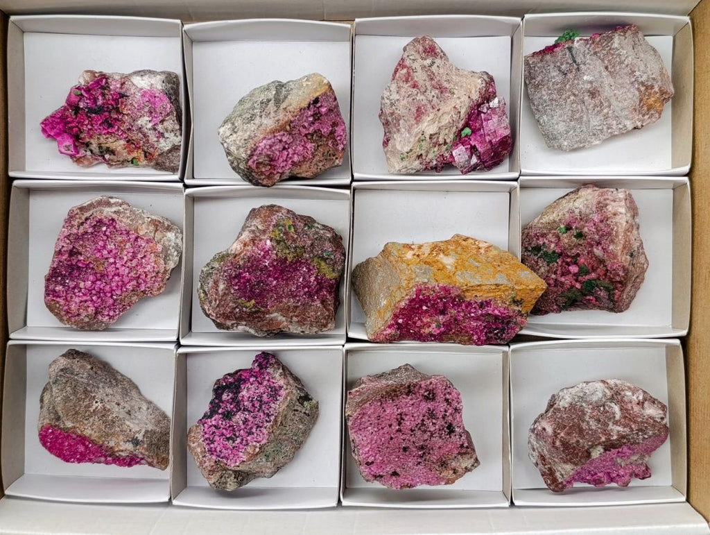 Natural Salrose Cobaltion Dolomite with Malachite Specimens x 12 From Kakanda, Congo