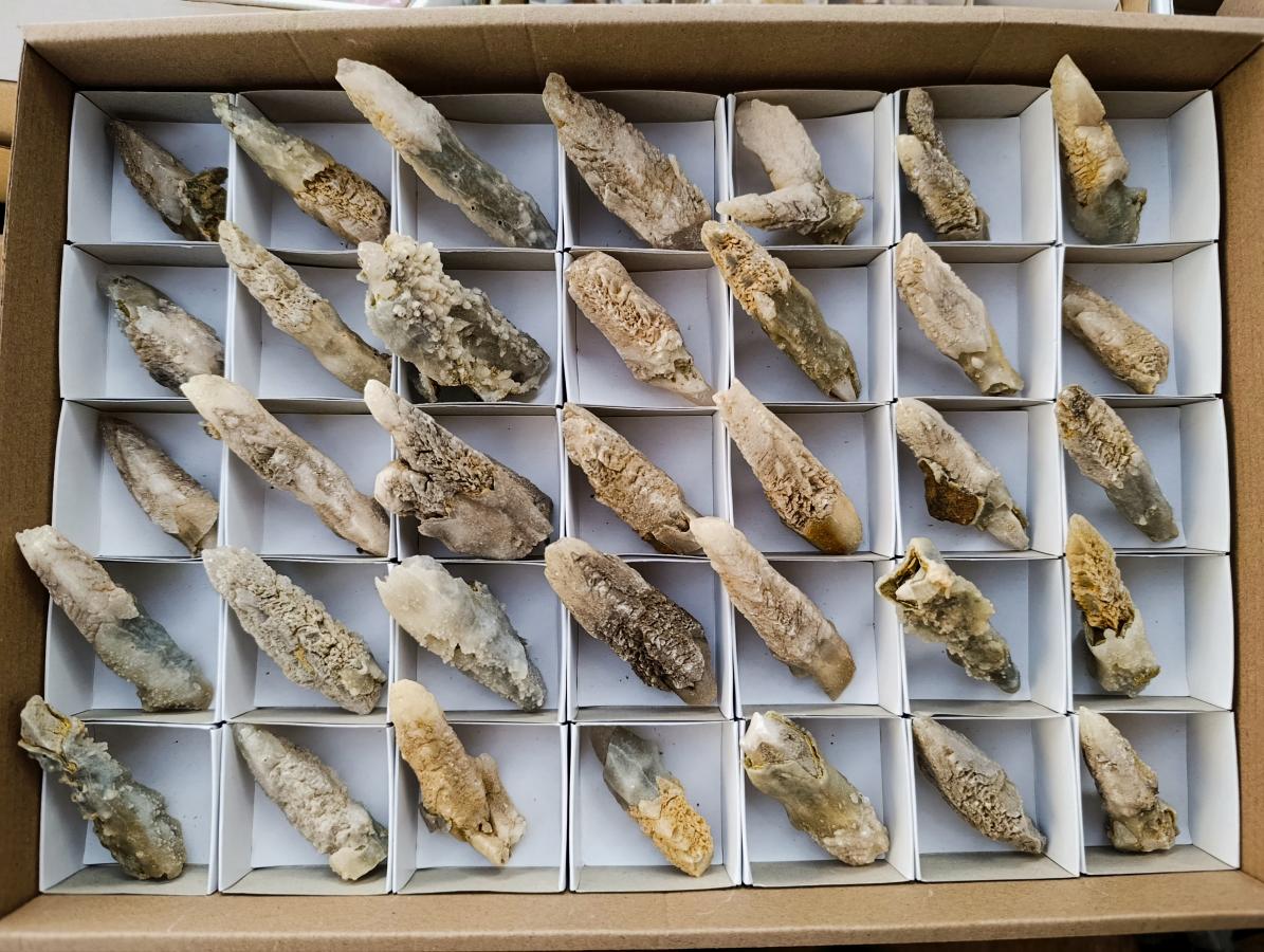 Natural Drusy Quartz Coated Spearhead Calcite Crystals x 35 From Albert's Mountain, Lesotho