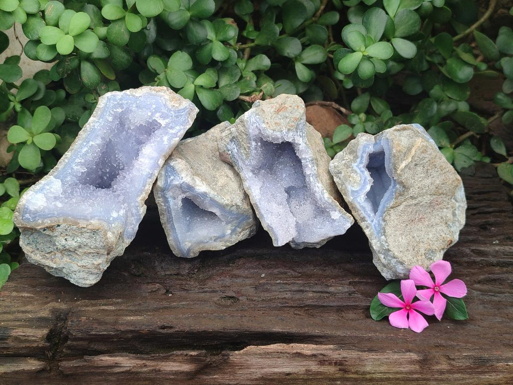 Natural Blue Lace Agate Geode Specimens x 4 From Nsanje, Malawi