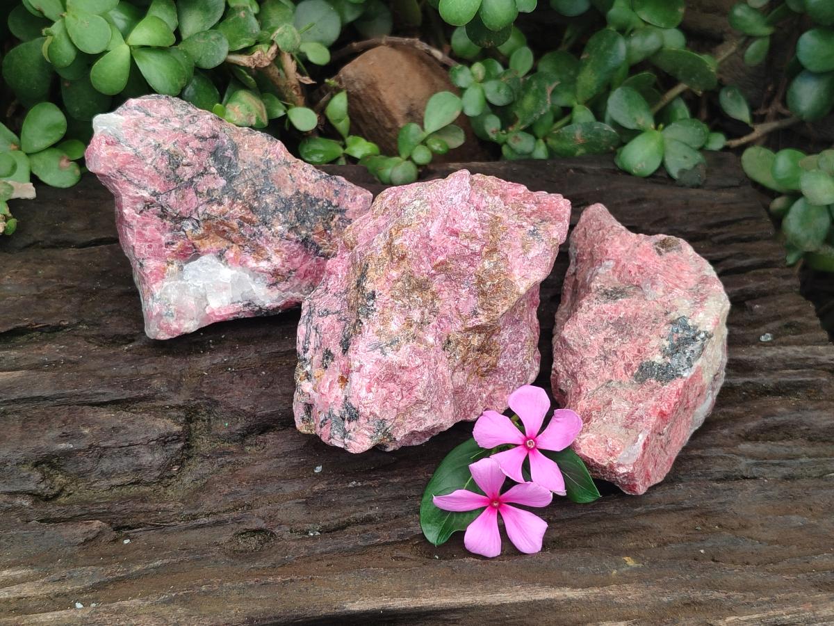 Natural Rhodonite Cobbed Specimens x 3 From Rhusinga, Zimbabwe