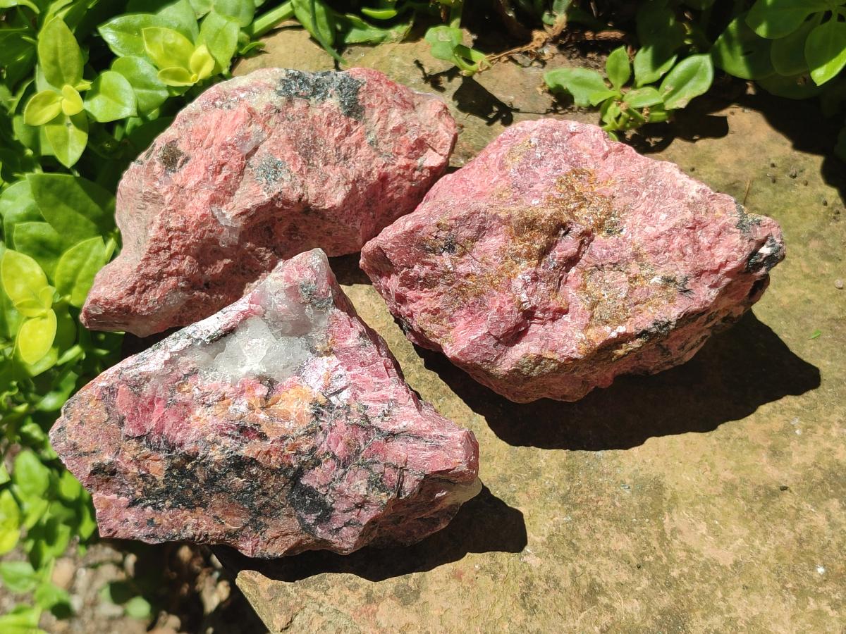 Natural Rhodonite Cobbed Specimens x 3 From Rhusinga, Zimbabwe
