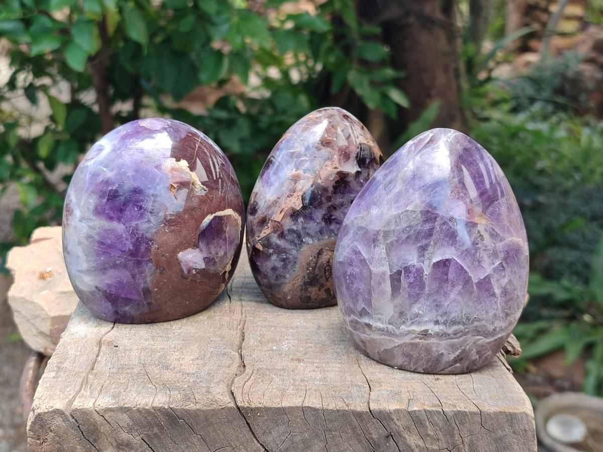 Polished Purple Chevron Amethyst Standing Free Forms x 3 From Madagascar