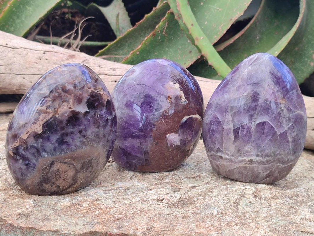Polished Purple Chevron Amethyst Standing Free Forms x 3 From Madagascar