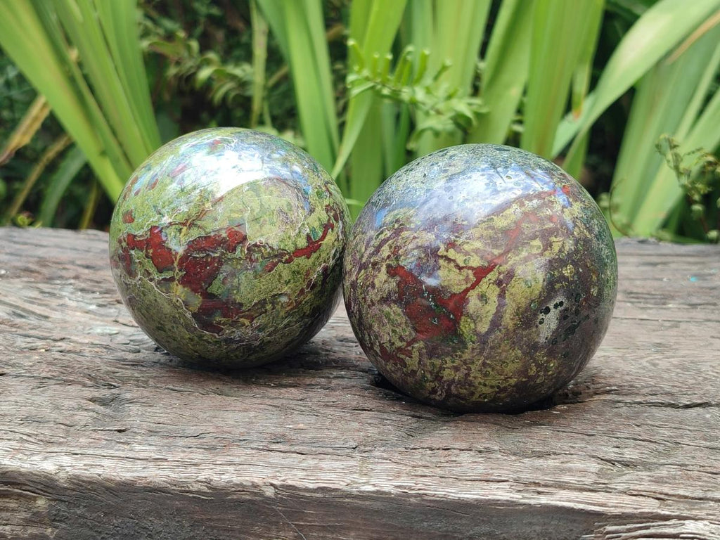Polished Bastite Dragonsblood Stone Spheres x 2 From Tshipise, South Africa