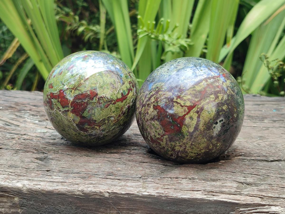 Polished Bastite Dragonsblood Stone Spheres x 2 From Tshipise, South Africa