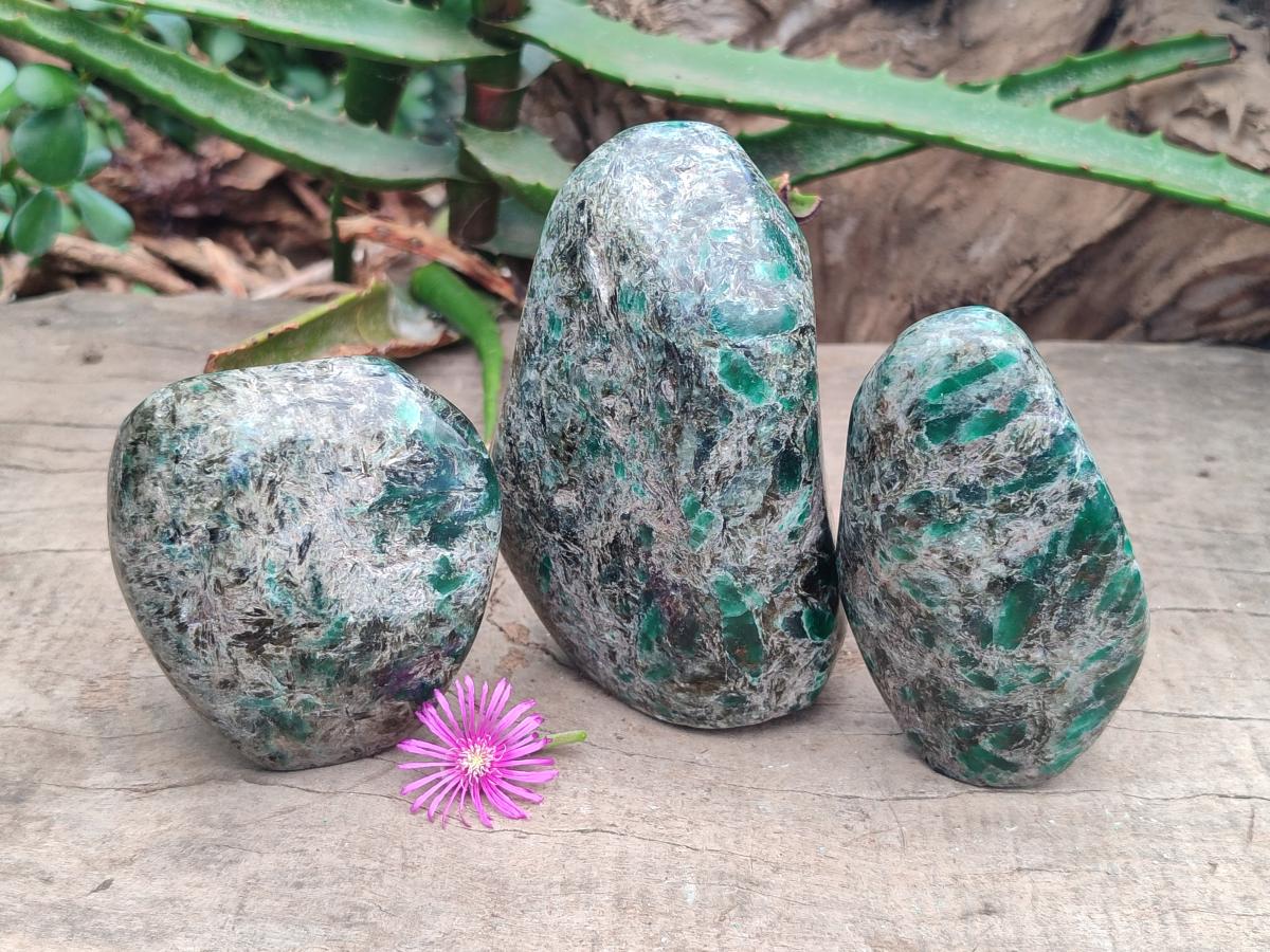 Polished Emerald Mica 'Mutokolite' Standing Free Forms x 3 From Mutoko, Zimbabwe