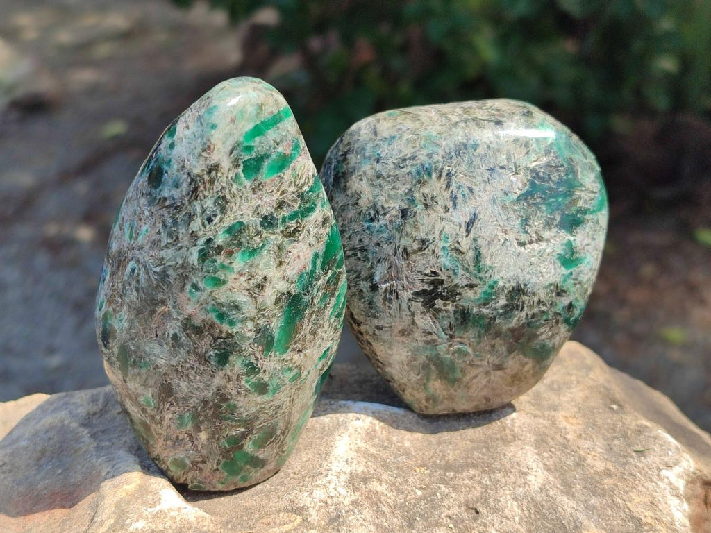 Polished Emerald Mica 'Mutokolite' Standing Free Forms x 3 From Mutoko, Zimbabwe