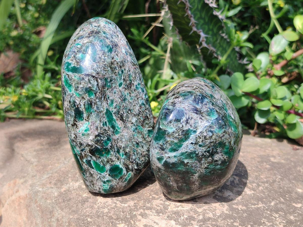 Polished Emerald Mica 'Mutokolite' Standing Free Forms x 3 From Mutoko, Zimbabwe