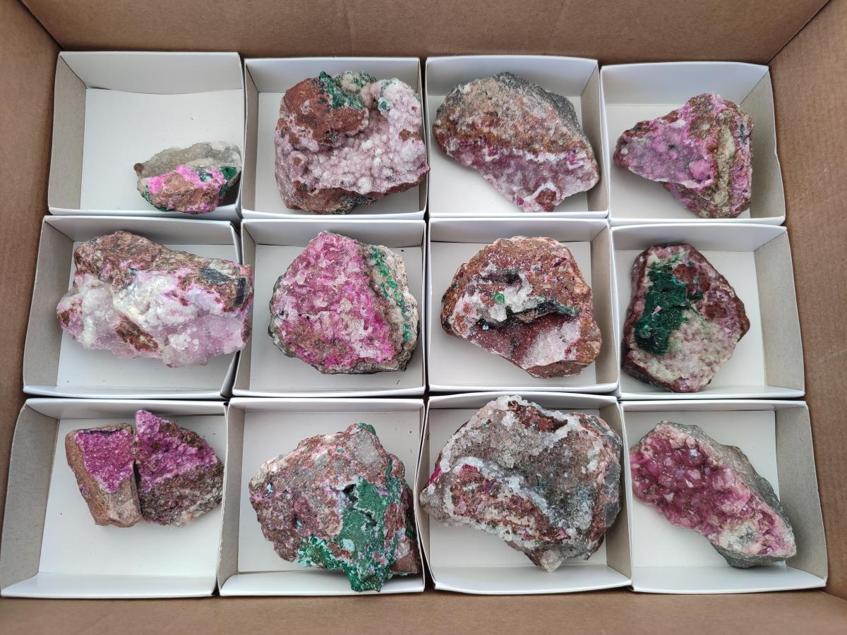 Natural Salrose Cobaltion Dolomite Specimens with Silky Malachite Crystals x 12 From Kakanda, Congo