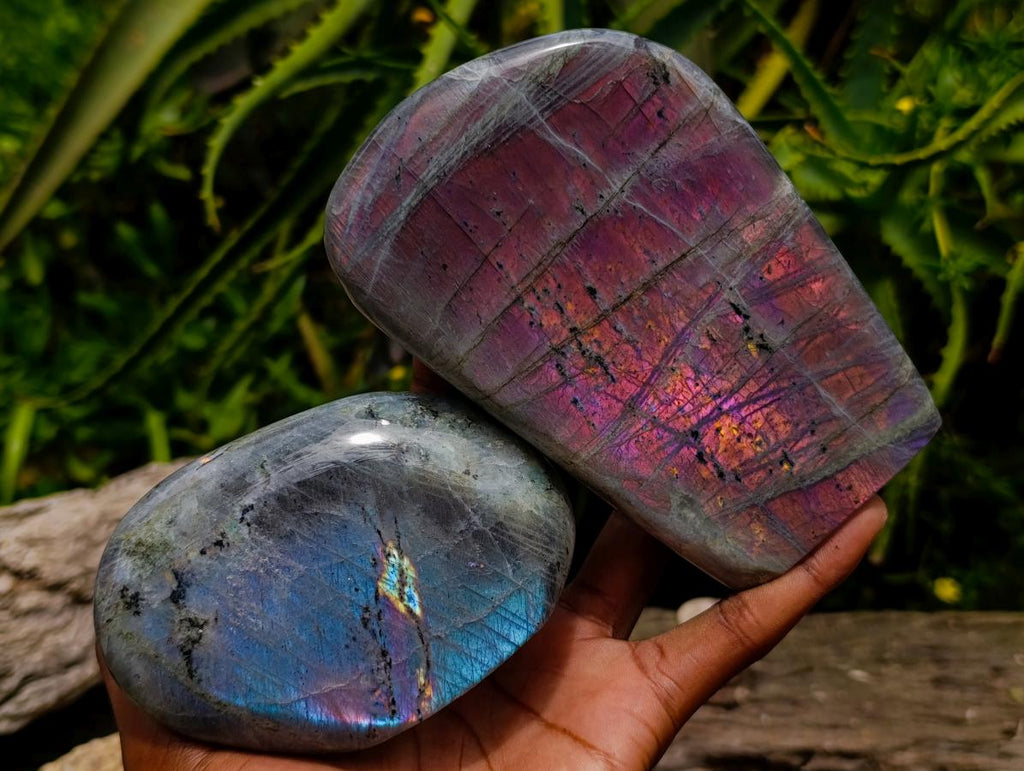 Polished Rare Purple Sunset Flash Labradorite Standing Free Forms x 3 From Madagascar