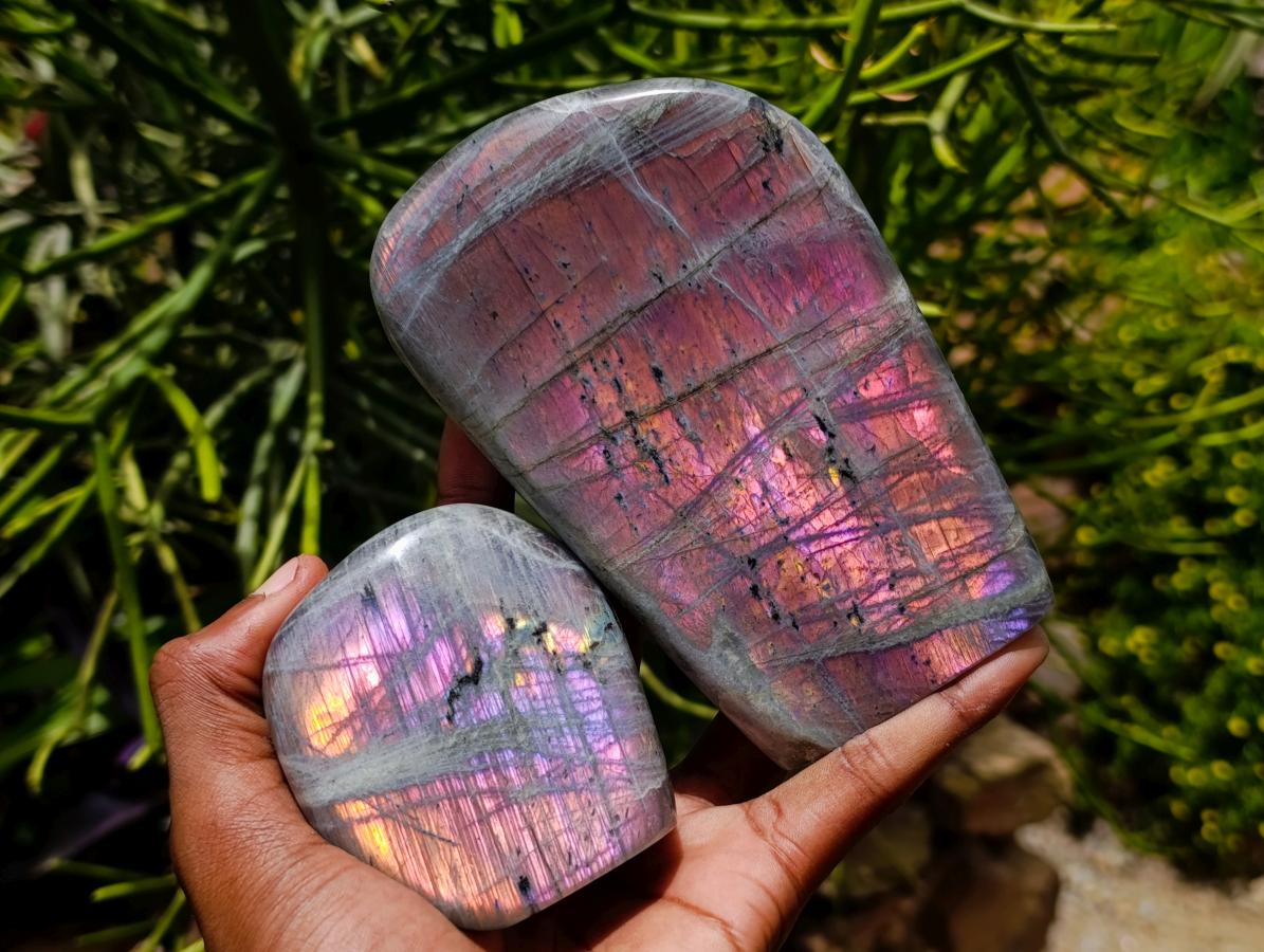 Polished Rare Purple Sunset Flash Labradorite Standing Free Forms x 3 From Madagascar