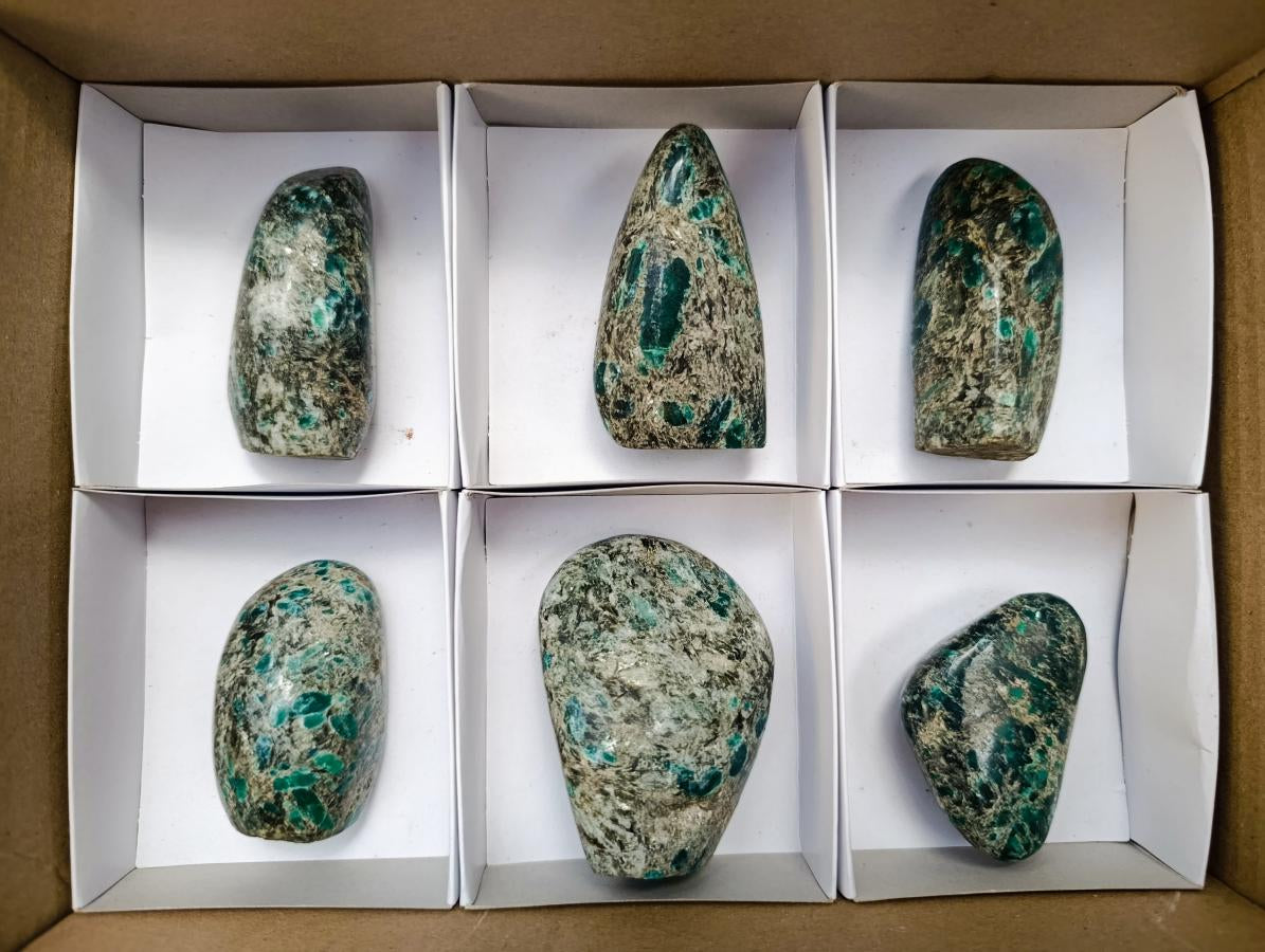 Polished Emerald Mica 'Mutokolite' Standing Free Forms x 6 From Mutoko, Zimbabwe