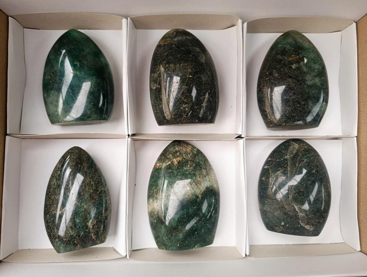Polished Fuchsite Quartz with Pyrite Standing Free Forms x 6 From Andakatany, Madagascar