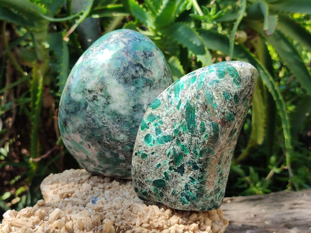 Polished Emerald Mica 'Mutokolite' Standing Free Forms x 2 From Mutoko, Zimbabwe