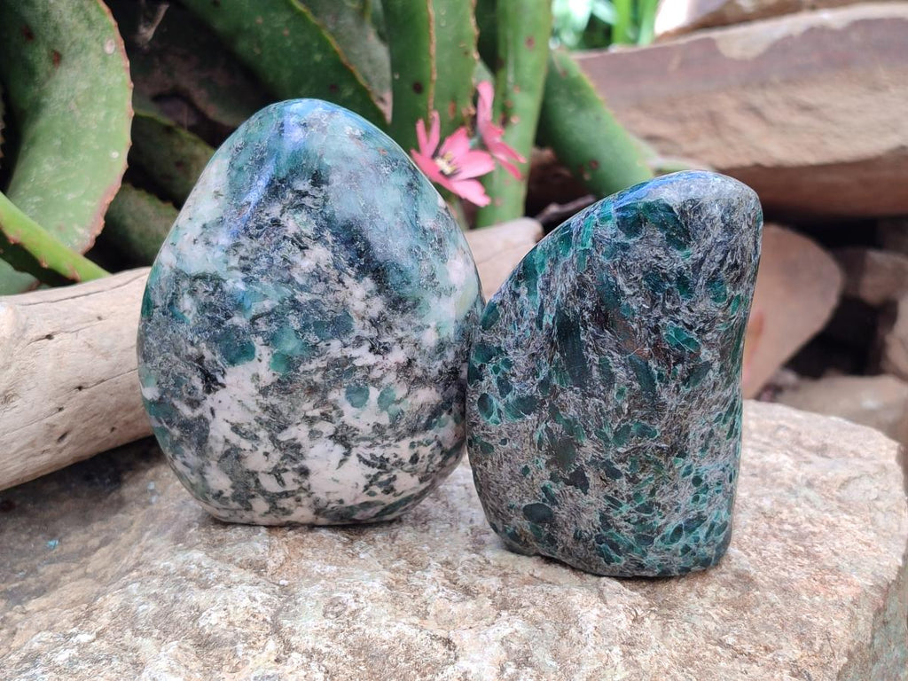 Polished Emerald Mica 'Mutokolite' Standing Free Forms x 2 From Mutoko, Zimbabwe
