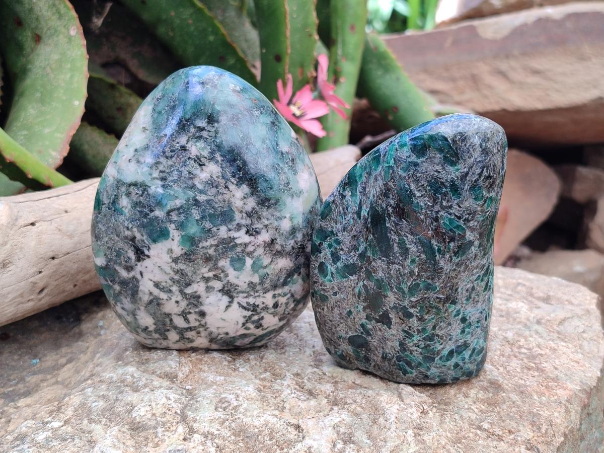 Polished Emerald Mica 'Mutokolite' Standing Free Forms x 2 From Mutoko, Zimbabwe