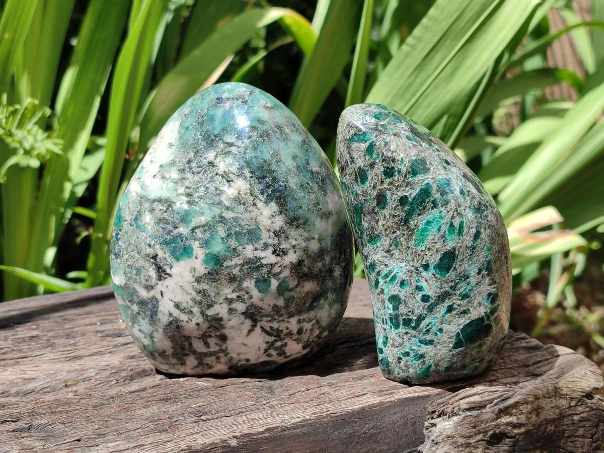 Polished Emerald Mica 'Mutokolite' Standing Free Forms x 2 From Mutoko, Zimbabwe