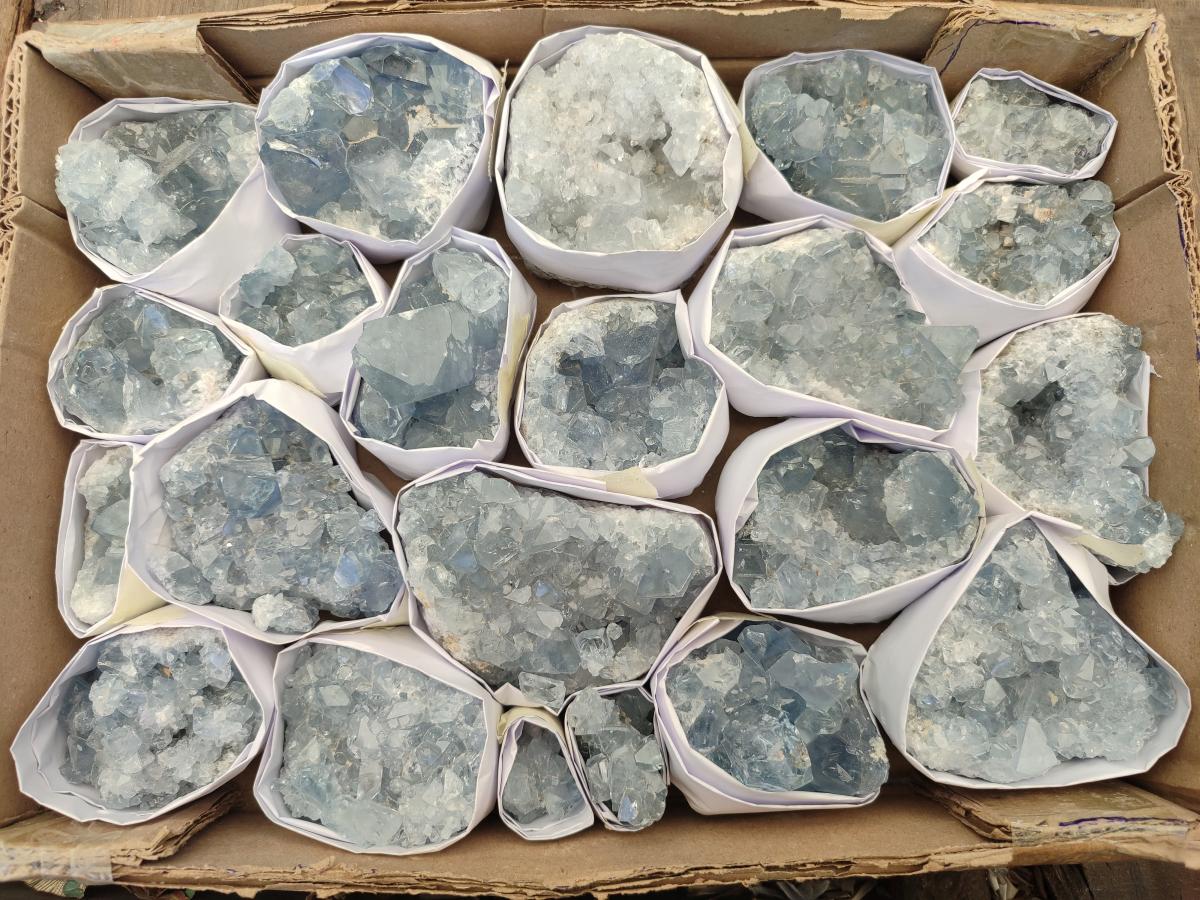Natural Small Blue Celestite Cluster Specimens x 22 From Sakoany, Madagascar