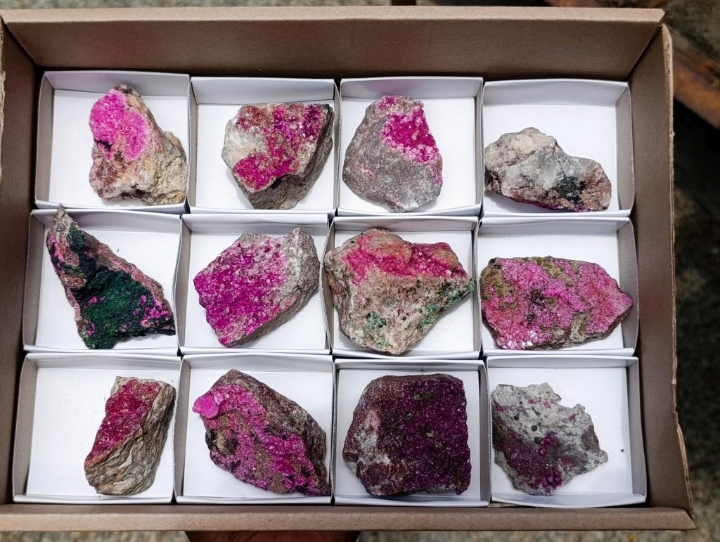 Natural Salrose Cobaltion Dolomite Specimens with Silky Malachite Crystals x 12 From Kakanda, Congo