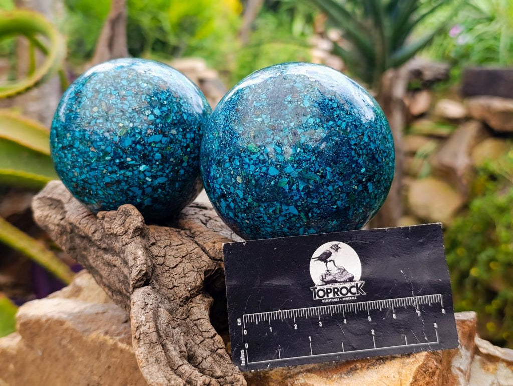 Hand Made Conglomerate Chrysocolla Spheres With Azurite And Malachite x 2 From Congo