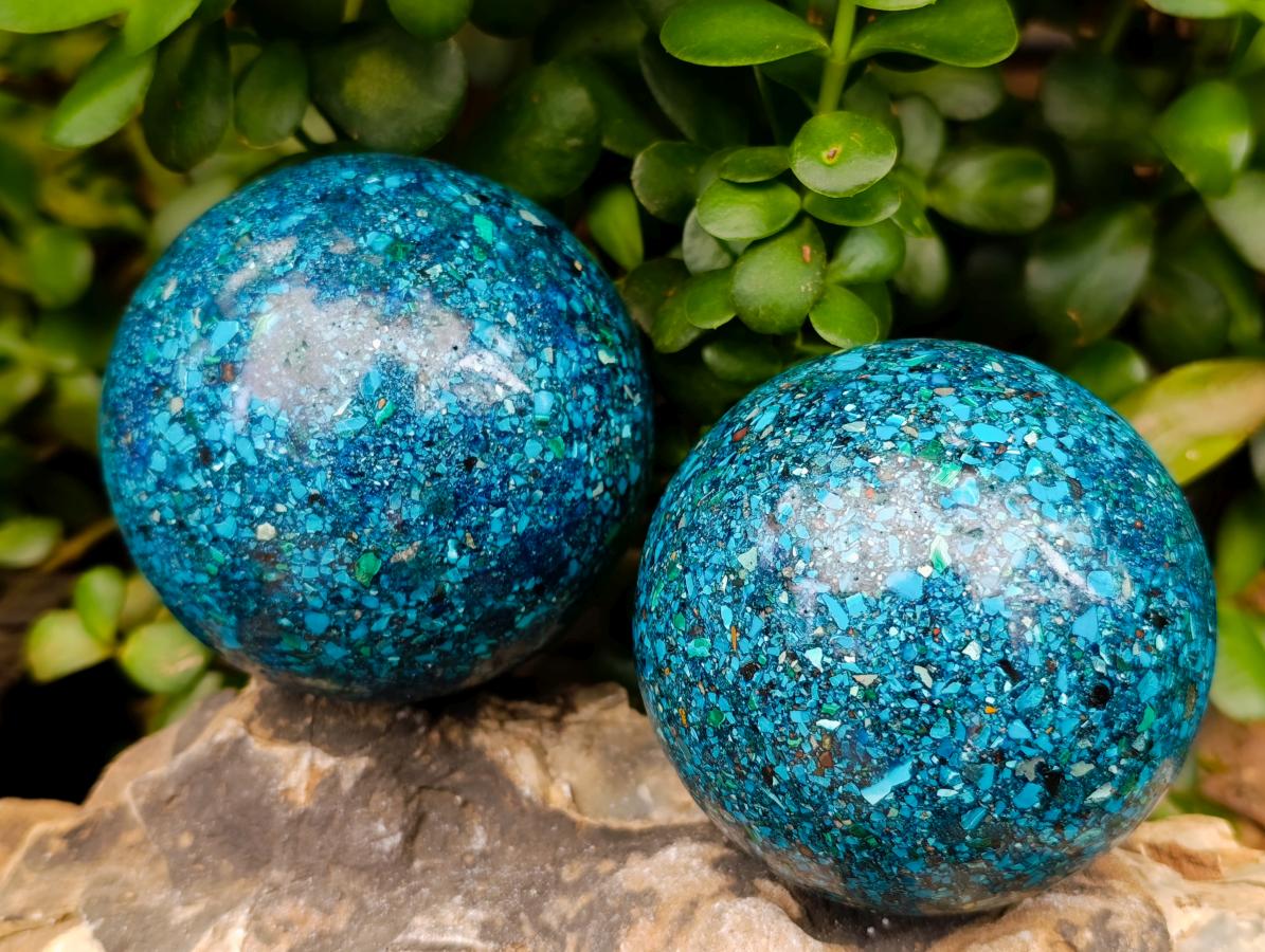 Hand Made Conglomerate Chrysocolla Spheres With Azurite And Malachite x 2 From Congo