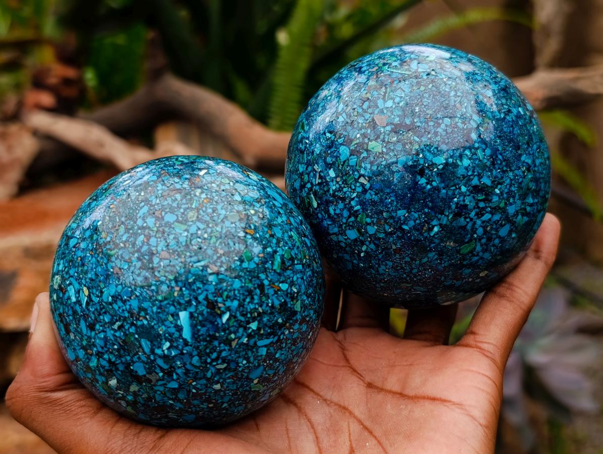Hand Made Conglomerate Chrysocolla Spheres With Azurite And Malachite x 2 From Congo