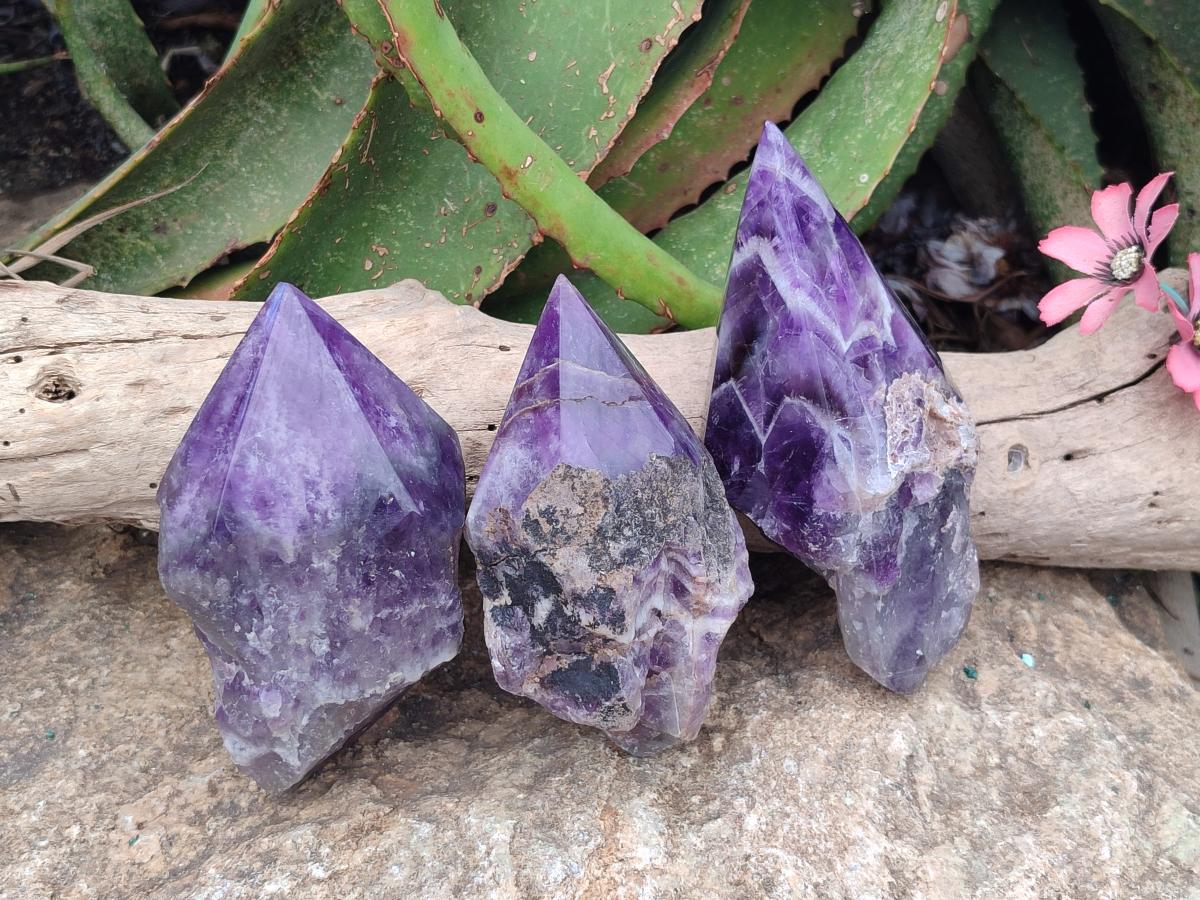 Polished Chevron Amethyst Witches Hat Crystals x 3 From Zambia