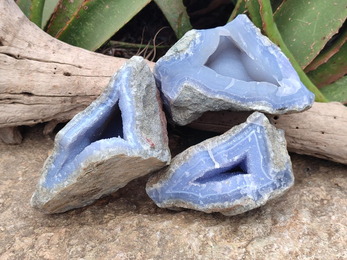 Natural Large Blue Lace Agate Geode Specimens x 3 From Nsanje, Malawi