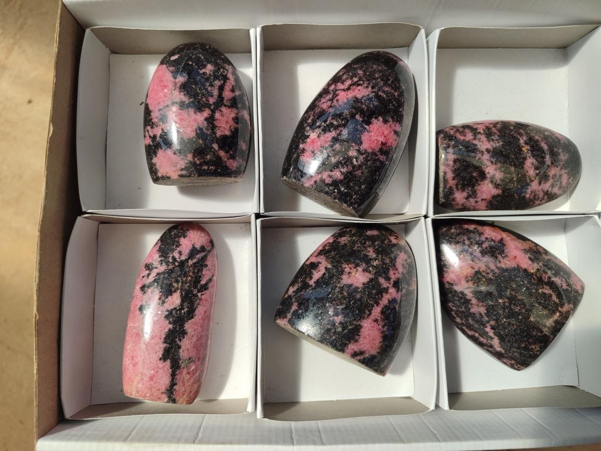 Polished Rhodonite Standing Free Forms x 6 From Ambindavato, Madagascar