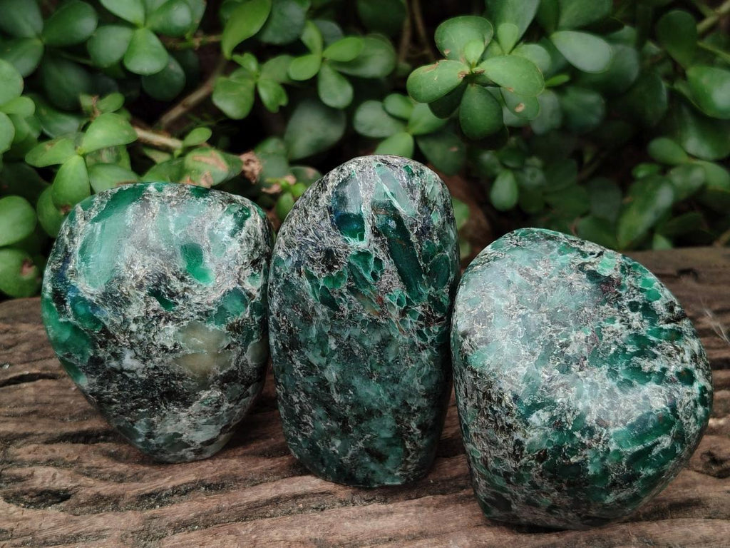 Polished Emerald Mica 'Mutokolite' Standing Free Forms x 3 From Mutoko, Zimbabwe