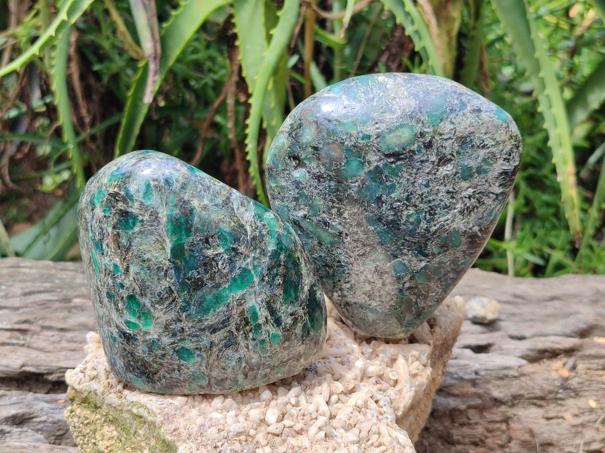 Polished Emerald Mica 'Mutokolite' Standing Free Forms x 2 From Mutoko, Zimbabwe - Toprock Gemstones and Minerals 