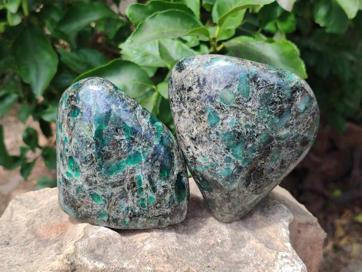 Polished Emerald Mica 'Mutokolite' Standing Free Forms x 2 From Mutoko, Zimbabwe - Toprock Gemstones and Minerals 