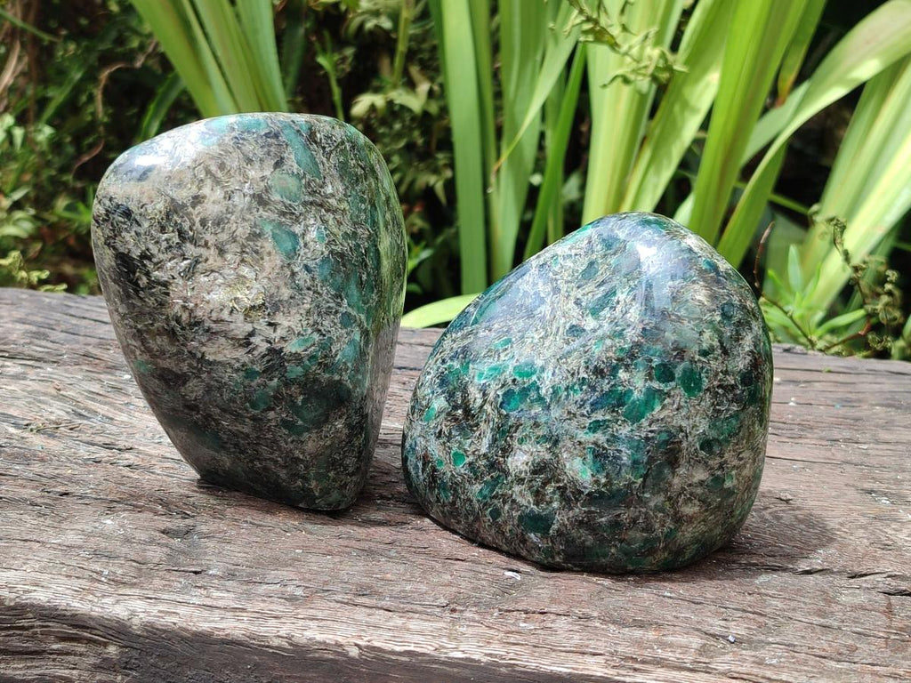 Polished Emerald Mica 'Mutokolite' Standing Free Forms x 2 From Mutoko, Zimbabwe - Toprock Gemstones and Minerals 