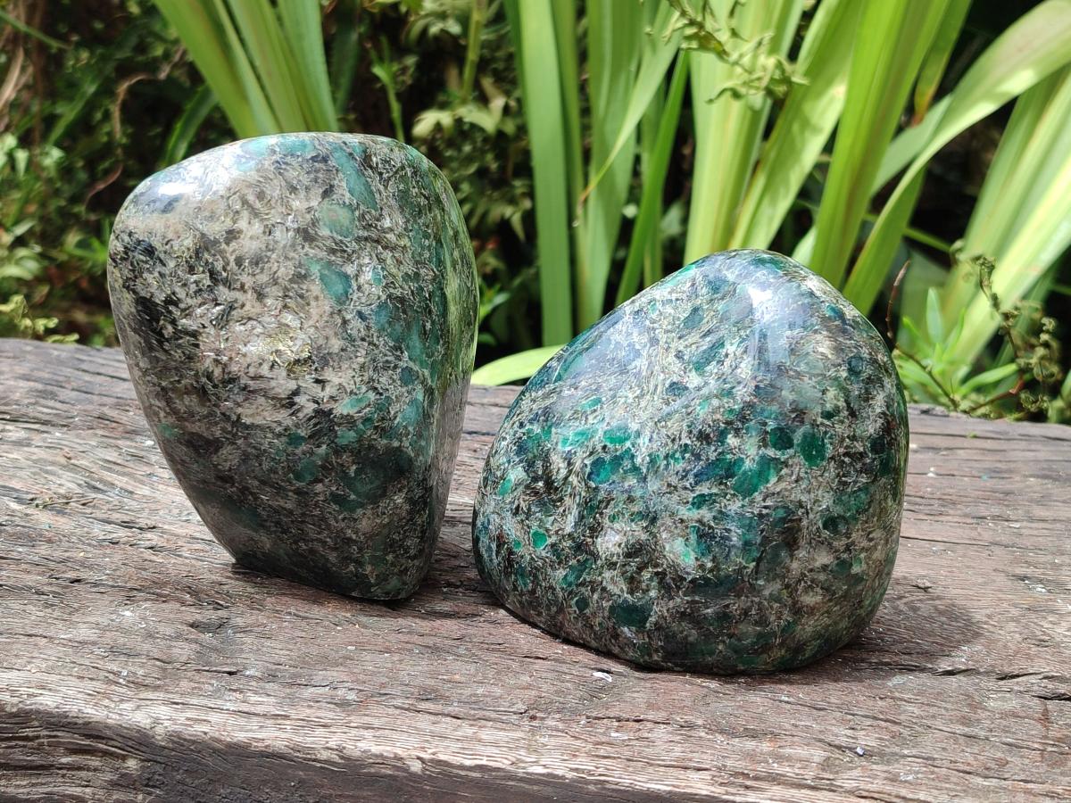 Polished Emerald Mica 'Mutokolite' Standing Free Forms x 2 From Mutoko, Zimbabwe - Toprock Gemstones and Minerals 