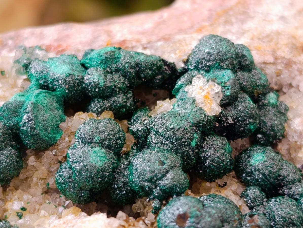 Natural Crystalline Ball Malachite on Quartz and Dolomite Matrix x 2 From Mindingi Mine, Kambove, Congo