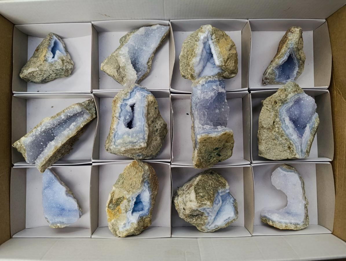 Natural Blue Lace Agate Geode Specimens x 12 From Nsanje, Malawi