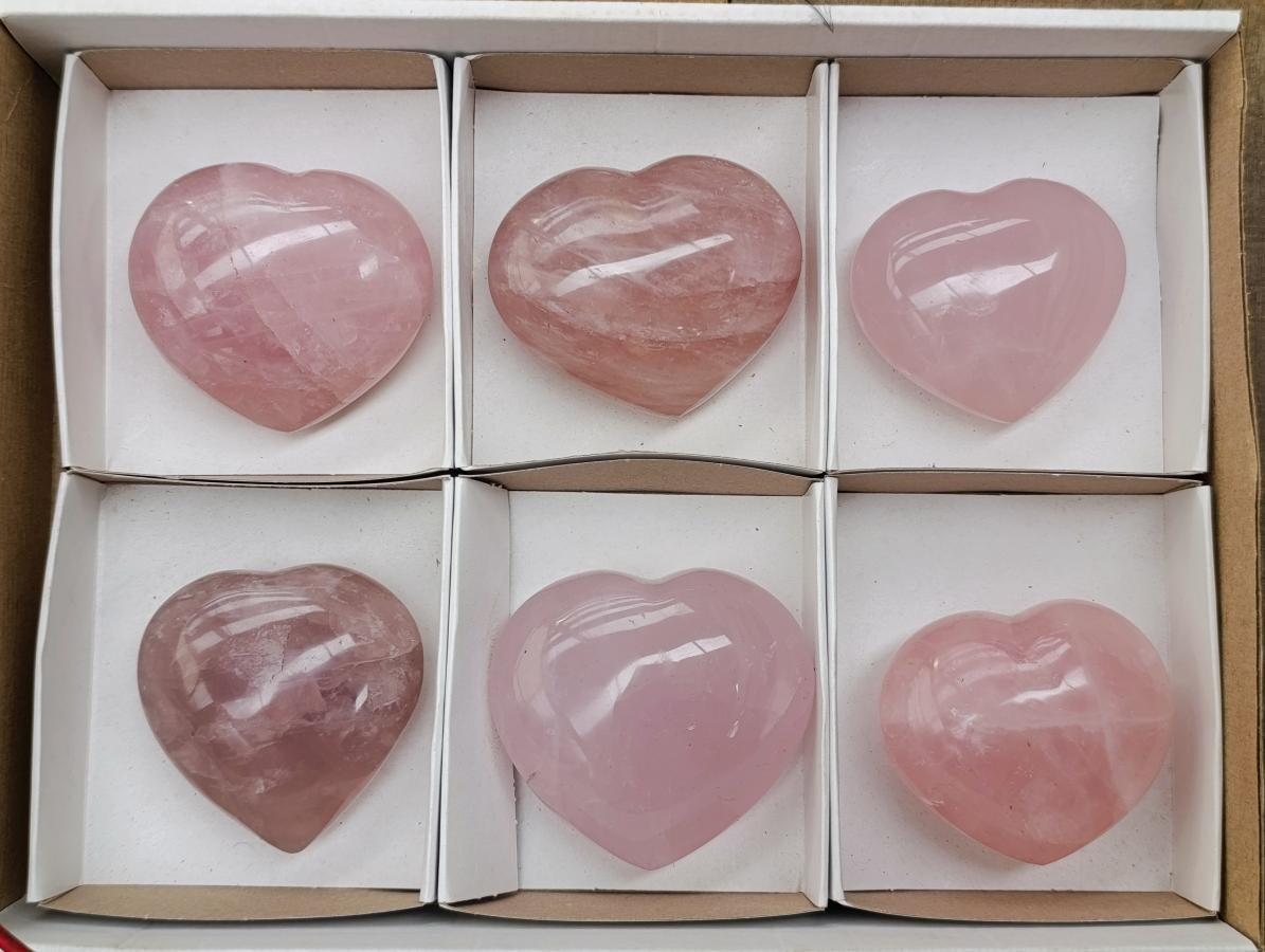 Polished Gemmy Rose Quartz Hearts x 6 From Madagascar - Toprock Gemstones and Minerals 