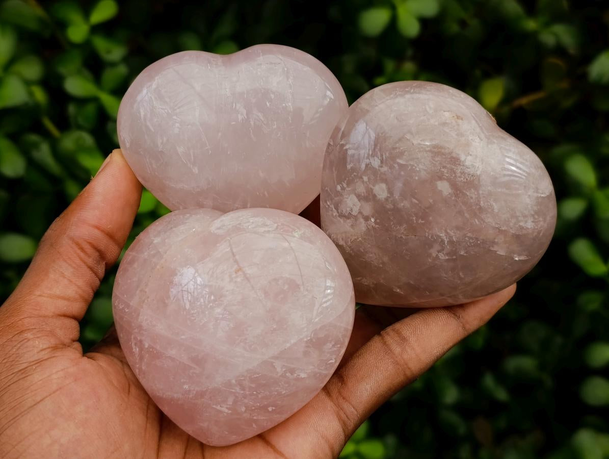 Polished Gemmy Rose Quartz Hearts x 6 From Madagascar - Toprock Gemstones and Minerals 