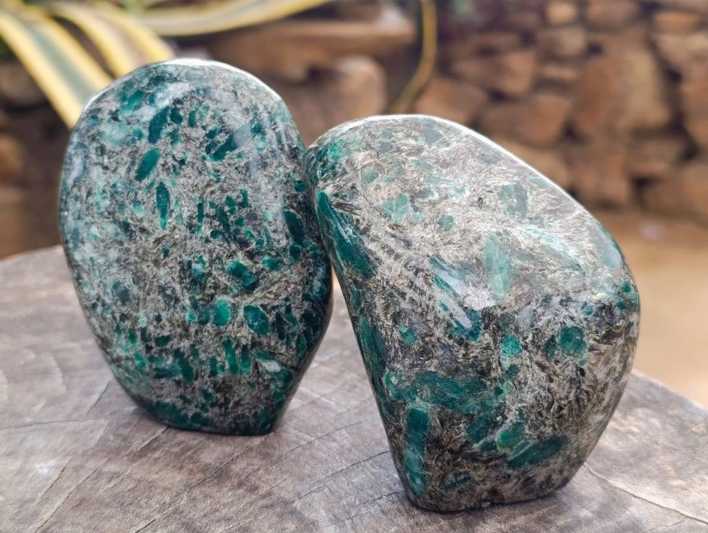 Polished Emerald Mica 'Mutokolite' Standing Free Forms x 2 From Mutoko, Zimbabwe - Toprock Gemstones and Minerals 