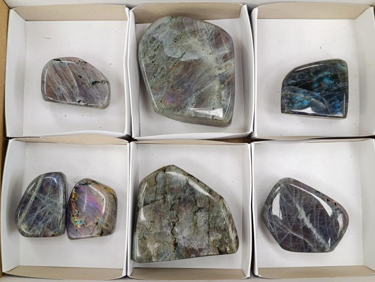 Polished Rare Purple Sunset Flash Labradorite Standing Free Forms x 7 From Madagascar