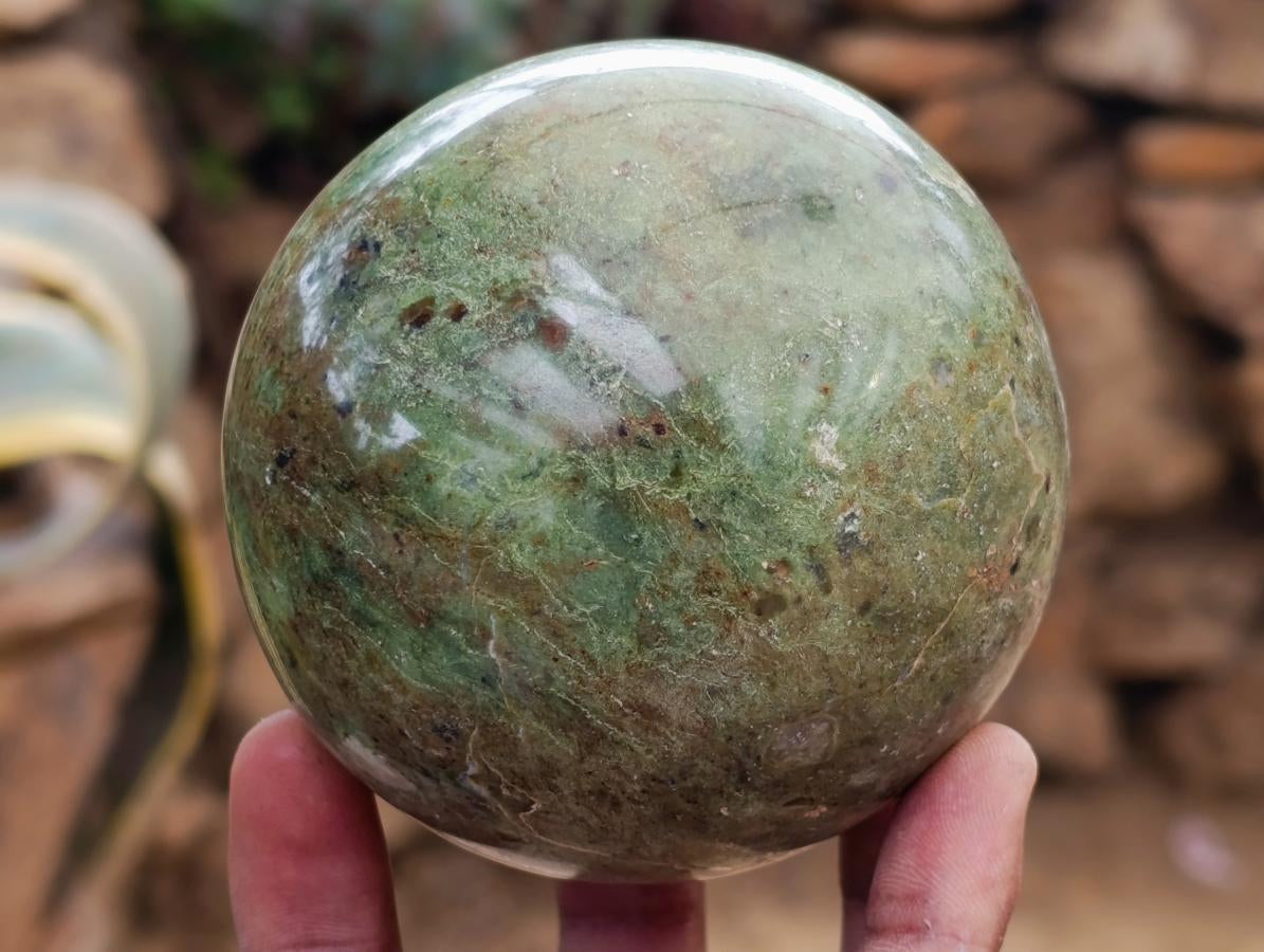 Polished Green Chrysoprase Spheres and 1 Display Crystal x 3 From Ambatondrazaka, Madagascar