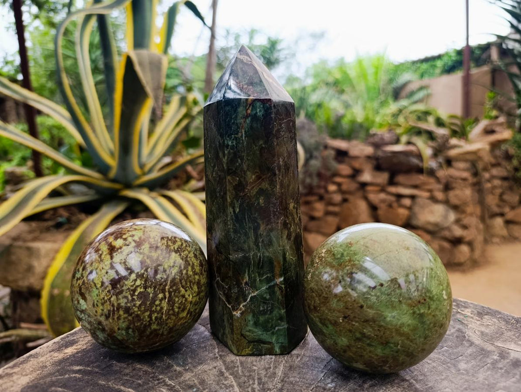 Polished Green Chrysoprase Spheres and 1 Display Crystal x 3 From Ambatondrazaka, Madagascar