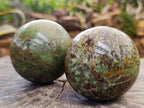 Polished Green Chrysoprase Spheres and 1 Display Crystal x 3 From Ambatondrazaka, Madagascar