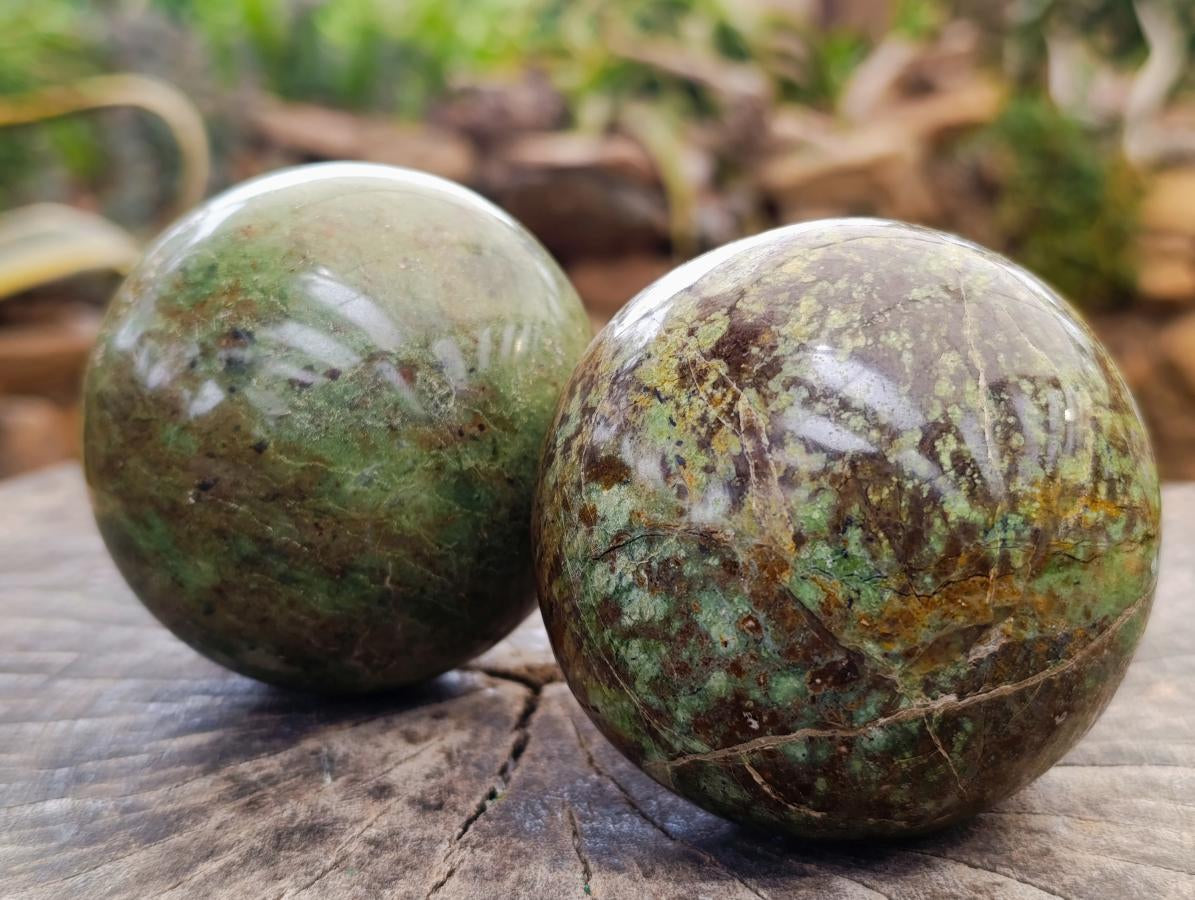 Polished Green Chrysoprase Spheres and 1 Display Crystal x 3 From Ambatondrazaka, Madagascar