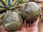 Polished Green Chrysoprase Spheres and 1 Display Crystal x 3 From Ambatondrazaka, Madagascar