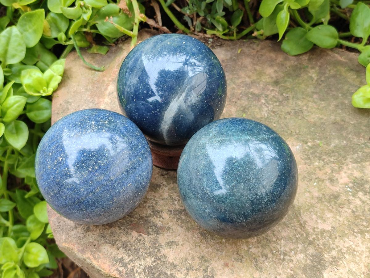 Polished Lazulite Spheres x 3 From Madagascar - Toprock Gemstones and Minerals 