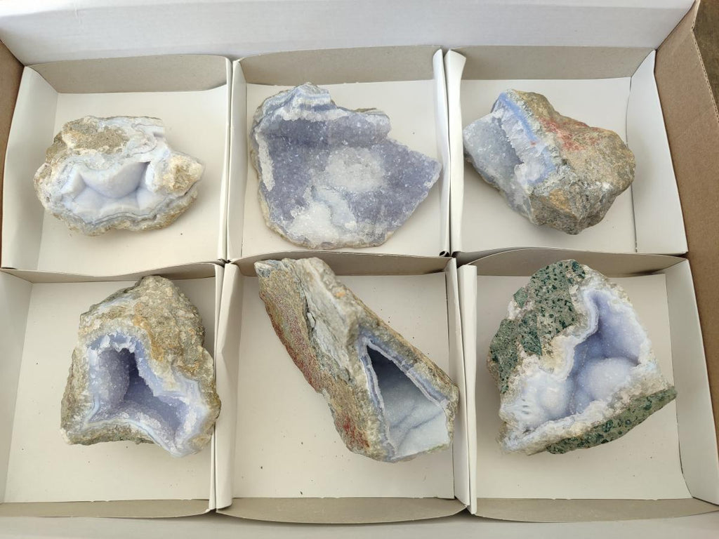 Natural Blue Lace Agate Geode Specimens x 6 From Nsanje, Malawi