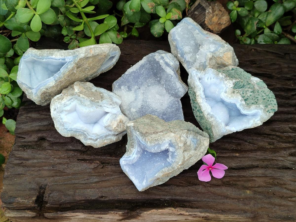 Natural Blue Lace Agate Geode Specimens x 6 From Nsanje, Malawi