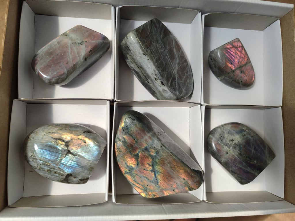 Polished Rare Purple Sunset Flash Labradorite Standing Free Forms x 6 From Madagascar